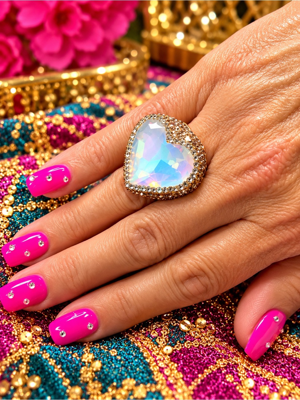 Heart Rhinestone Statement Ring in Iridescent with Gold Halo